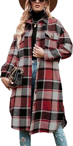 Women's Wool Pea Coats Winter Long Plaid Shacket Jacket Casual Button Down Trench Coat With Pockets in Saudi Arabia