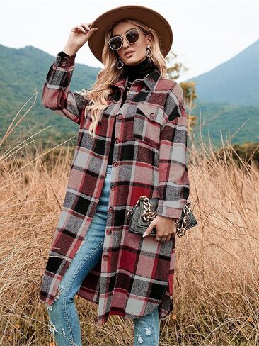Women's Wool Pea Coats Winter Long Plaid Shacket Jacket Casual Button Down Trench Coat With Pockets in Saudi Arabia