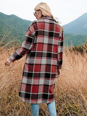 Women's Wool Pea Coats Winter Long Plaid Shacket Jacket Casual Button Down Trench Coat With Pockets in Saudi Arabia
