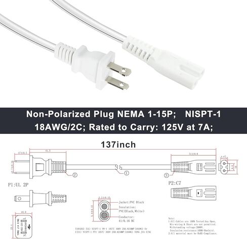سلك طاقة التلفزيون - قابس مستقطب بطول 6 أقدام وشقين NEMA 1-15P إلى C7 الشكل 8 سلك إمداد بديل بفتحتين متوافق مع PS4/مكبر الصوت/الشاشة/الطابعة/التلفزيون (أسود-18AWG) in Kuwait