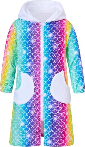 Funnycokid Girls Robe Kids Hooded Bathrobe Zip Fleece Fuzzy Soft Pajamas Plush Sleepwear 4-14 Years in Kuwait