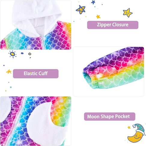 Funnycokid Girls Robe Kids Hooded Bathrobe Zip Fleece Fuzzy Soft Pajamas Plush Sleepwear 4-14 Years in Kuwait