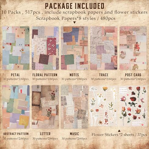 517 Pcs Vintage Scrapbook Paper,Scrapbook Supplies Stickers,Journaling Supplies Kit Include 37 Pcs Flowers Stickers Aesthetic Journal Paper for Planner,Bullet Journaling,Junk Journal Paper in Saudi Arabia