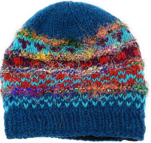 Hand Knit Wool and Recycled Silk Beanie Hat Fleece Lined Made in Nepal in Saudi Arabia