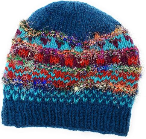 Hand Knit Wool and Recycled Silk Beanie Hat Fleece Lined Made in Nepal in Saudi Arabia