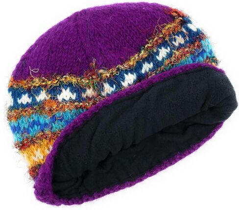 Hand Knit Wool and Recycled Silk Beanie Hat Fleece Lined Made in Nepal in Saudi Arabia