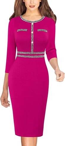 VFSHOW Womens Business Button Crew Neck Fitted Wear to Work Office Patchwork Pencil Sheath Dress in Kuwait
