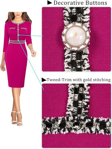 VFSHOW Womens Business Button Crew Neck Fitted Wear to Work Office Patchwork Pencil Sheath Dress in Kuwait