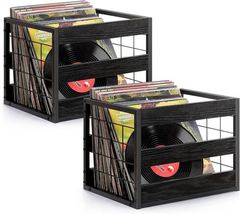 2 Pack Vinyl Record Storage, Large Wood Metal Lp Record Crate,Heavy-Duty Square Milk Crate,Visualize Album Storage Box Cube, Desktop Record Shelf Organizer Box for Books Files,Rustic Brown in Saudi Arabia