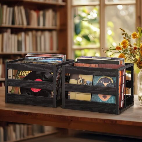 2 Pack Vinyl Record Storage, Large Wood Metal Lp Record Crate,Heavy-Duty Square Milk Crate,Visualize Album Storage Box Cube, Desktop Record Shelf Organizer Box for Books Files,Rustic Brown in Saudi Arabia