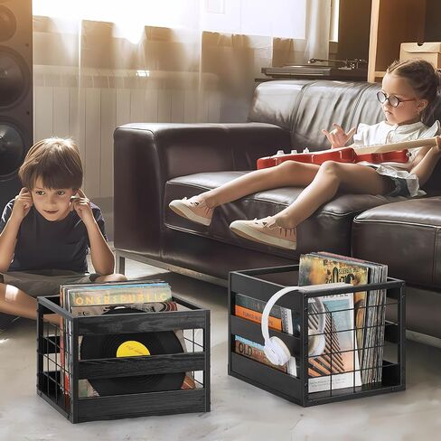 2 Pack Vinyl Record Storage, Large Wood Metal Lp Record Crate,Heavy-Duty Square Milk Crate,Visualize Album Storage Box Cube, Desktop Record Shelf Organizer Box for Books Files,Rustic Brown in Saudi Arabia