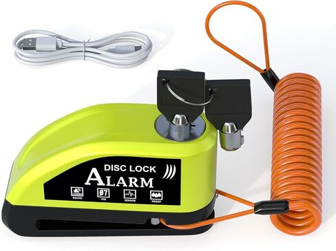 Motorcycle Lock Rechargeable, Alarm Disc Brake Lock with Reminder Cable, 110 dB Alarm Sound, Anti-Theft Waterproof, 2 H Fast-Charging, 9 Months Standby, 7 mm Lock Pin Universal for Bikes in Kuwait