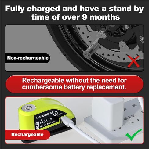 Motorcycle Lock Rechargeable, Alarm Disc Brake Lock with Reminder Cable, 110 dB Alarm Sound, Anti-Theft Waterproof, 2 H Fast-Charging, 9 Months Standby, 7 mm Lock Pin Universal for Bikes in Kuwait