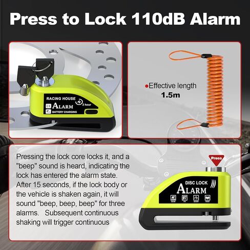 Motorcycle Lock Rechargeable, Alarm Disc Brake Lock with Reminder Cable, 110 dB Alarm Sound, Anti-Theft Waterproof, 2 H Fast-Charging, 9 Months Standby, 7 mm Lock Pin Universal for Bikes in Kuwait