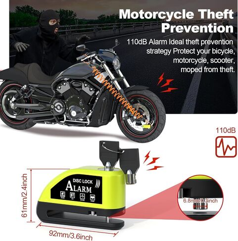 Motorcycle Lock Rechargeable, Alarm Disc Brake Lock with Reminder Cable, 110 dB Alarm Sound, Anti-Theft Waterproof, 2 H Fast-Charging, 9 Months Standby, 7 mm Lock Pin Universal for Bikes in Kuwait