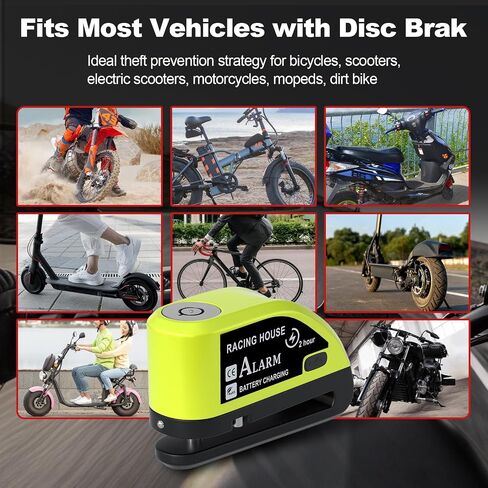 Motorcycle Lock Rechargeable, Alarm Disc Brake Lock with Reminder Cable, 110 dB Alarm Sound, Anti-Theft Waterproof, 2 H Fast-Charging, 9 Months Standby, 7 mm Lock Pin Universal for Bikes in Kuwait