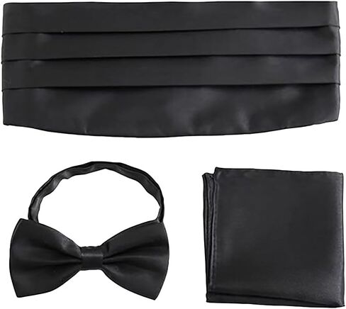 GSHLLO 3 Pcs Men's Black Cummerbund Adjustable Bow Tie And Pocket Square Hanky Pretied Bowtie Handkerchief Wedding Party Bow Tie in Saudi Arabia