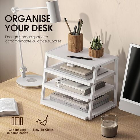 Fenge Desk Organizer, 4 Tier File Organizer for Desk, Wood and Metal Desk Shelf Organizer Storage Rack, Desktop Bookshelf for Office Supplies and Accessories in Kuwait