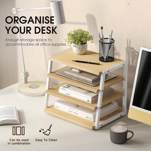 Fenge Desk Organizer, 4 Tier File Organizer for Desk, Wood and Metal Desk Shelf Organizer Storage Rack, Desktop Bookshelf for Office Supplies and Accessories in Saudi Arabia