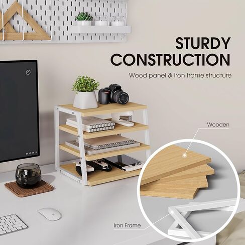 Fenge Desk Organizer, 4 Tier File Organizer for Desk, Wood and Metal Desk Shelf Organizer Storage Rack, Desktop Bookshelf for Office Supplies and Accessories in Saudi Arabia