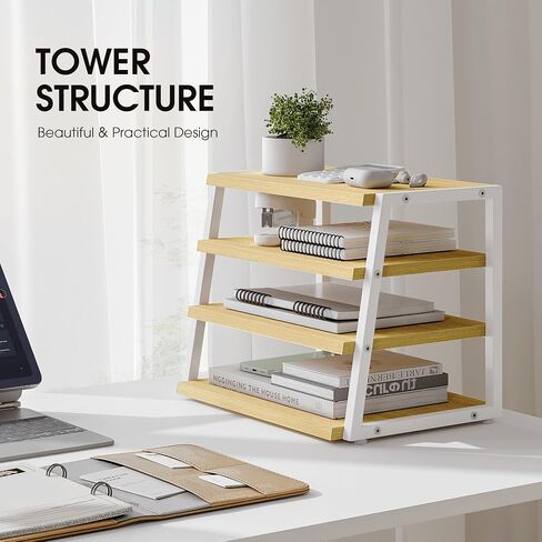 Fenge Desk Organizer, 4 Tier File Organizer for Desk, Wood and Metal Desk Shelf Organizer Storage Rack, Desktop Bookshelf for Office Supplies and Accessories in Saudi Arabia