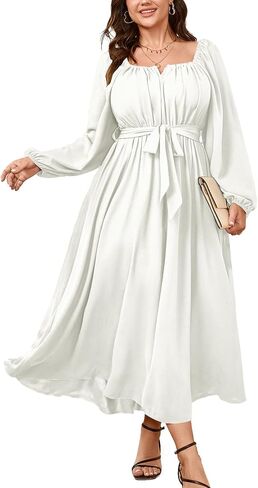 SCOMCHIC Women Plus Size Maxi Dress Long Sleeve Square Neck Wedding Guest Cocktail Belted Elegant Flowy A Line Long Dresses in Saudi Arabia