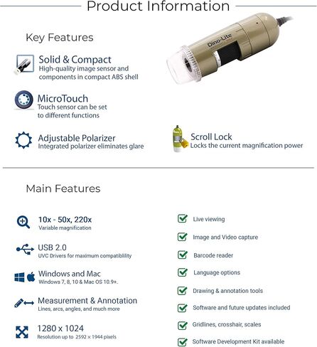 دينو لايت مجهر رقمي USB AF7115MZT - 5 ميجابكسل، تكبير بصري 10x - 220x، قياس، ضوء مستقطب in Kuwait