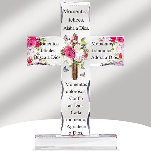 Shellwei Spanish Christian Acrylic Gifts Religious Cross Inspirational Gifts Spanish Cross Shape Acrylic Prayer Bible Verse Desk Decor for Women Men Xmas Birthday Gift (Classic) in Kuwait