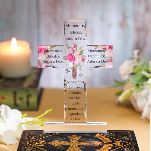 Shellwei Spanish Christian Acrylic Gifts Religious Cross Inspirational Gifts Spanish Cross Shape Acrylic Prayer Bible Verse Desk Decor for Women Men Xmas Birthday Gift (Classic) in Kuwait