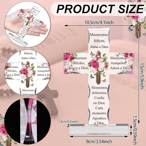 Shellwei Spanish Christian Acrylic Gifts Religious Cross Inspirational Gifts Spanish Cross Shape Acrylic Prayer Bible Verse Desk Decor for Women Men Xmas Birthday Gift (Classic) in Kuwait