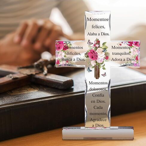 Shellwei Spanish Christian Acrylic Gifts Religious Cross Inspirational Gifts Spanish Cross Shape Acrylic Prayer Bible Verse Desk Decor for Women Men Xmas Birthday Gift (Classic) in Kuwait