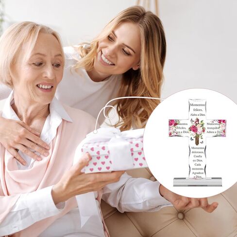 Shellwei Spanish Christian Acrylic Gifts Religious Cross Inspirational Gifts Spanish Cross Shape Acrylic Prayer Bible Verse Desk Decor for Women Men Xmas Birthday Gift (Classic) in Kuwait