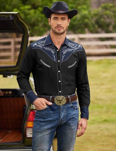 COOFANDY Men's Western Cowboy Shirt Embroidered Button Down Long Sleeve Shirts in Kuwait