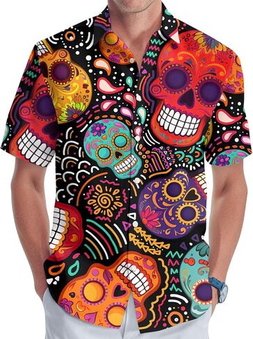34HD Gifts for Halloween, Halloween Button Down Shirt for Men, Skull Shirt for Men, Skull Gifts, for Men in Kuwait