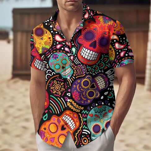 34HD Gifts for Halloween, Halloween Button Down Shirt for Men, Skull Shirt for Men, Skull Gifts, for Men in Kuwait
