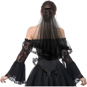 Black Veil, Halloween Lace Veil Bride Wedding Veil Double Layer Mesh Bridal Veil Headband with Comb Halloween Witch Scary Costume Headpiece for Women Girls