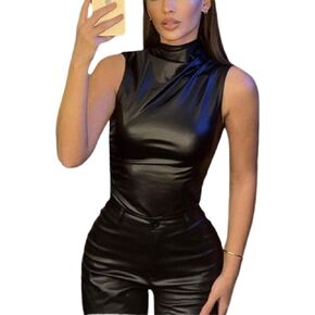 Women's FashionFaux Leather Pleated Sleeveless Asymmetrical Mock Neck Slim Tank Top