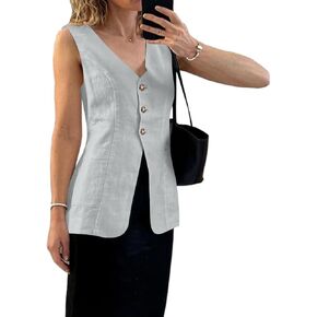 Melliflo Womens Summer Long Linen Vest Casual Sleeveless V Neck Button Down Tops Casual Summer Vest with Pocket