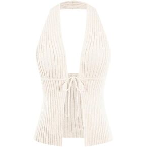 Verdusa Women's Old Money Halter Tops Bow Tie Front Backless Deep V Neck Split Knit Vest Trendy