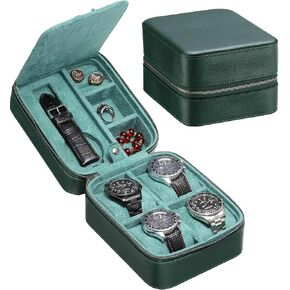 5 Watch Travel Case Storage Box Organizer With 4 Compartment for Watch Strap/Jewelry/Tool, Top-Grain Genuine Leather Watches Carrying Box Zipper Closure (5+4 GR)