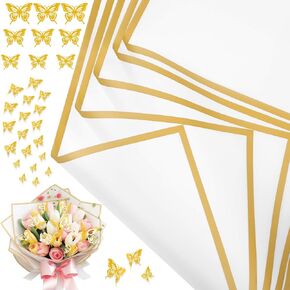 cridoz 20 Sheets Flower Bouquet Wrapping Paper with 12 Pieces Gold Butterfly Decorations for Flower Bouquets, Waterproof Floral Bouquet Wrapping Paper for Flower, Gift Wrapping(Black)