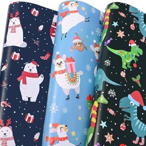 U'COVER Christmas Wrapping Paper for Kids Boys Girls 6 Large Sheet Gift Wrapping Paper Xmas Holiday Gift Wrap Paper Christmas Decorations Pattern Dinosaur, Bear, Llama, Sloth Folded Flat 27 * 37inch