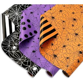 JarThenaAMCS 3 Rolls Halloween Wrapping Paper - Mini Roll - 17 Inch x 16.4 Ft Spiderweb Stripe Dot Gift Wrap Paper Double-Sided Art Paper for DIY Crafts Supplies