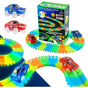 USA Toyz Snap Trax Construction Set Race Tracks and LED Toy Cars - 251 Pk STEM Building Toys Car Race Tracks Set with Bendable Race Car Track for Boys Girls, 3 Trucks, and 2 Light Up Toy Cars for Kids