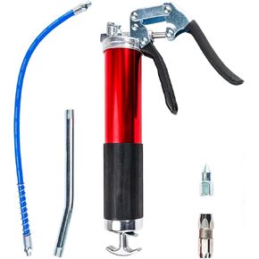 PHILTOP Grease Gun Kit, 8000PSI Heavy Duty Pistol Grip Grease Gun with 12 Inch Spring Flex Hose, 14oz Load, 2 Extension Rigid Pipe, 1 Normal Coupler and Reinforced Coupler