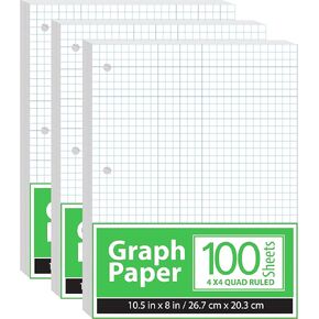Graph Paper, Loose Leaf Graph Paper (3 Pack), 4 x 4 An Inch Quad Ruled Graph Paper, 10.5" x 8" Graphing Paper, 100 Per Sheets Per Pack, 60 gsm (3 Pack)