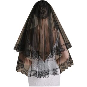 Nanchor Black Lace Veil Wedding Vintage Veil Halloween Tulle 2 Tiers Costume Cosplay with Iron Comb