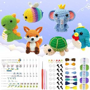 OLHKYN 6Pcs Crochet Kit for Beginners, 2025 DIY Craft for Adults and Kids, Great Gift for Crochet Lovers, Crocheting Animal Kits with Step by Step Videos,Yarn,Crochet Hook,Birthday Holiday Gift