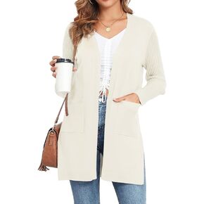 Women's Cardigan Sweaters V-Neck Long Sleeves with Two Pockets Side Split Hem Open Front Knit Casual Cardigan