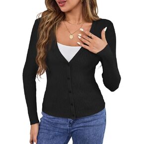 Beecarchil Women's Cardigan Sweaters Casual Button Open Front Long Sleeve V Neck Knit Lightweight Cardigans for Women